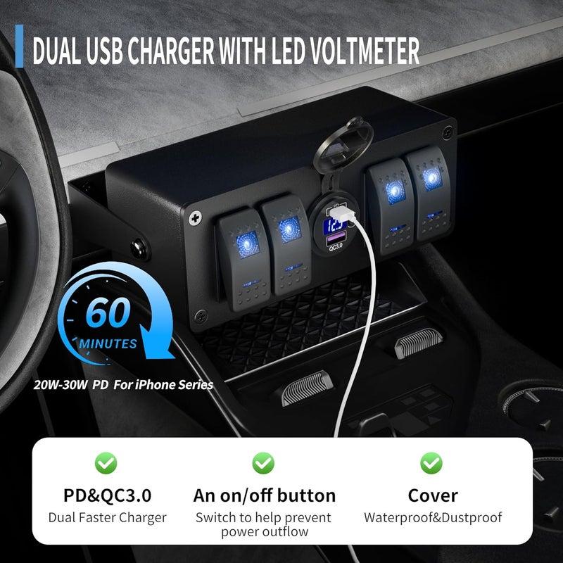 Joinfworld 4 Gang Rocker Switch Box 12V SPST ON/Off Marine Switch Panel 12 Volt Waterproof Blue LED Light Bar with Dual USB Outlet PD3.0 & QC3.0 Car USB Port for Boat Automotive Car Truck RV UTV - Image 3